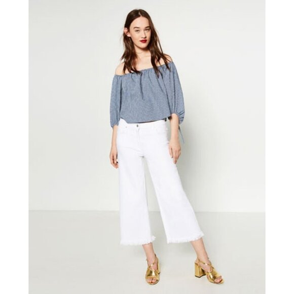 Zara Blue Gingham Off the Shoulder Cropped Blouse - Picture 6 of 6